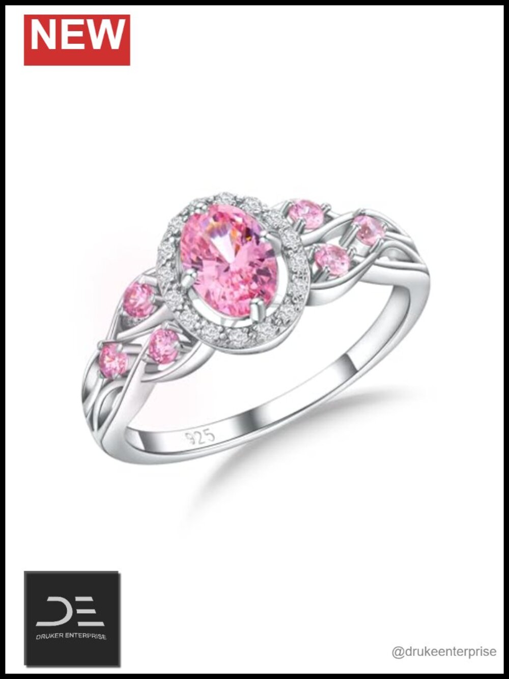 925 Sterling Silver Celtic Knot Oval Pink Sapphire Halo Engagement Ring Size 10
